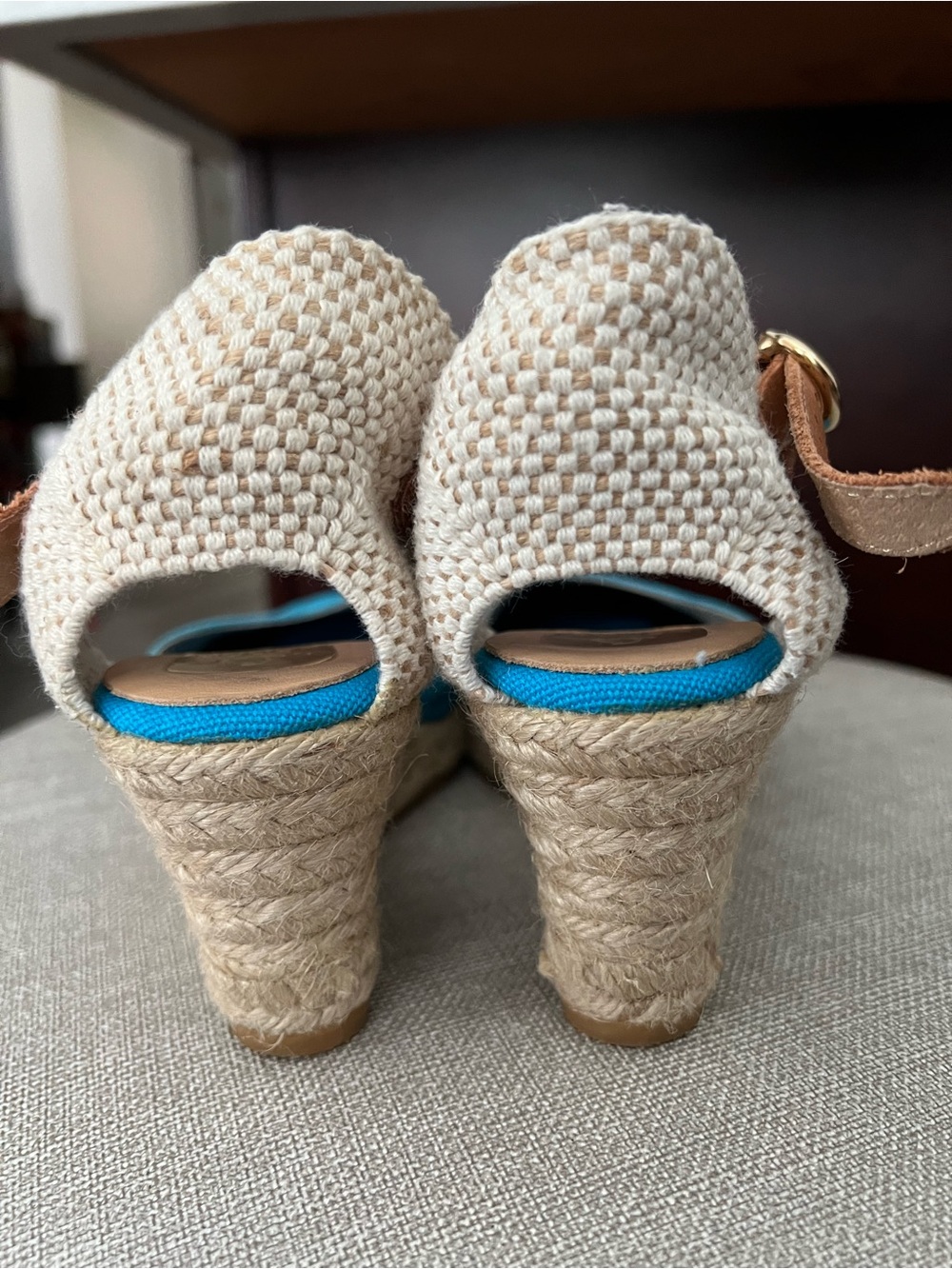 Kanna Teal Espadrille Wedge Sandals with Tan Ankle Strap size 36 - Picture 9 of 11